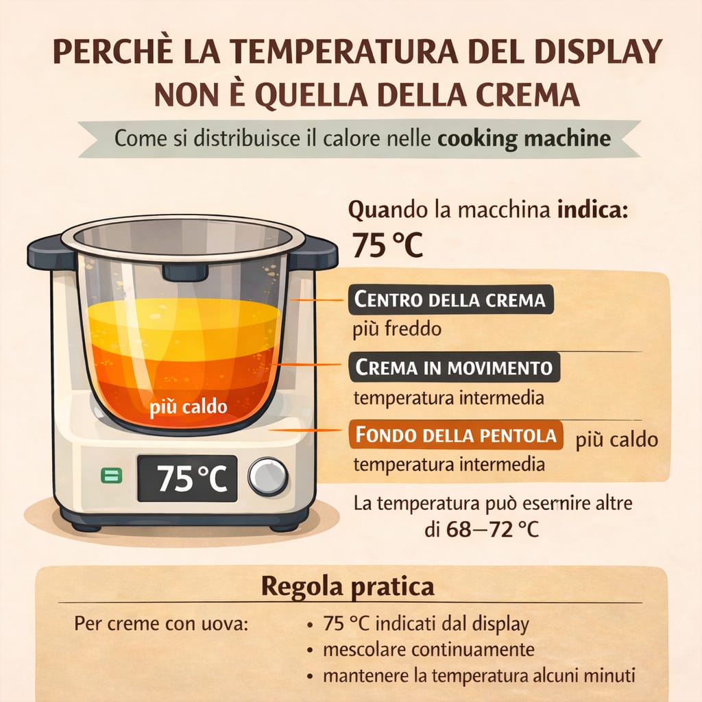 Infografica che mostra la differenza tra la temperatura indicata dal display di una cooking machine e la temperatura reale della crema durante la cottura.