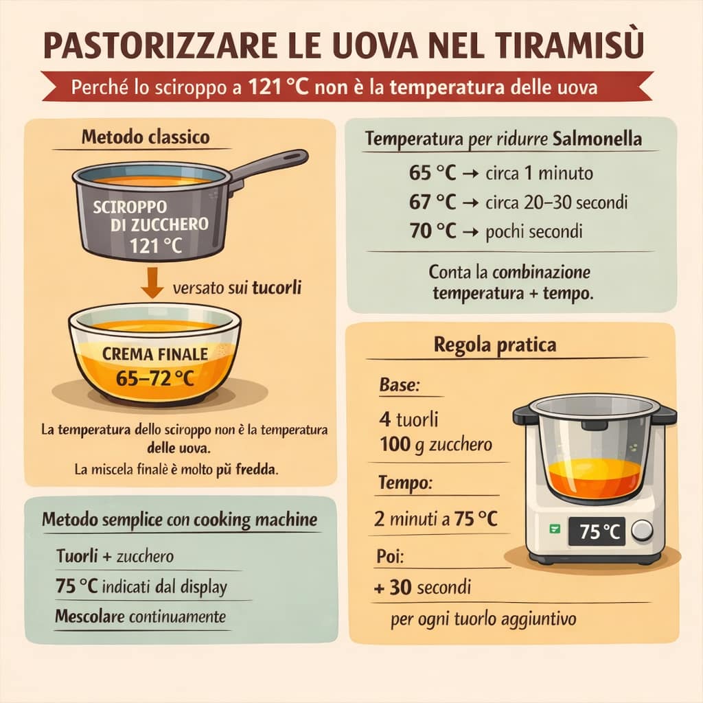Infografica che spiega perché lo sciroppo a 121 °C non è la temperatura reale delle uova nel tiramisù e quali temperature riducono il rischio di Salmonella.